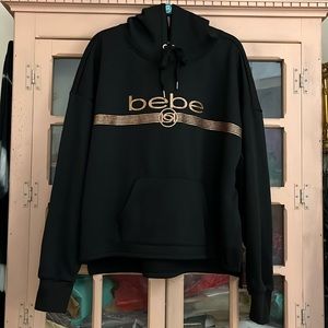 NWOT Bebe Sport Black Hoodie w/ Rose Gold Sparkle Logo & Kangaroo Pocket